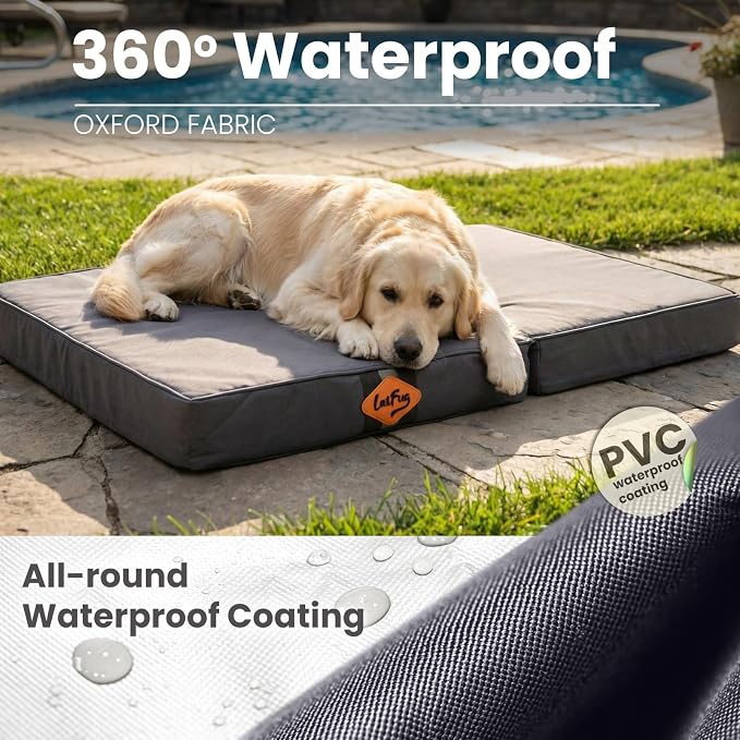 Laifug Foldable Waterproof Dog Bed for Large Dogs - Outdoor Orthopedic Dog Bed with Washable Removable Cover, Pet Mattress with Handles, Elephant Grey, (44 x 32 x 3.5 inches)