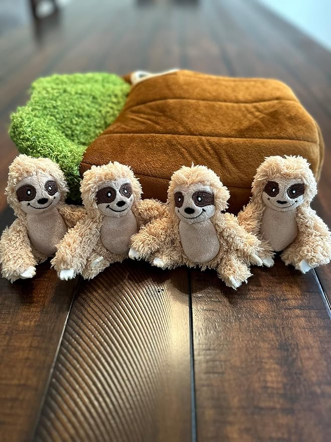 Glow Pups Hide and Seek Dog Toy, Sloth Dog Toy, Plush Squeaky Burrow Tree for Dogs, Interactive Puzzle for Mental Stimulation, Woodland Style, Medium Size, Set of 4