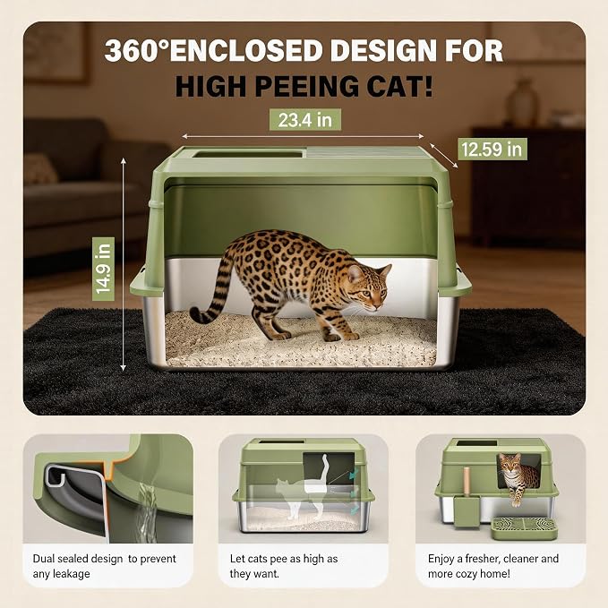 Extra Large Enclosed Stainless Steel Litter Box with Lid，Side Entry Top Exit High Sided Metal Cat Litter Pan，Non-Stick Easy Cleaning Anti-Urine Leakage for Big Cats，Includes Scoop & Step, Green