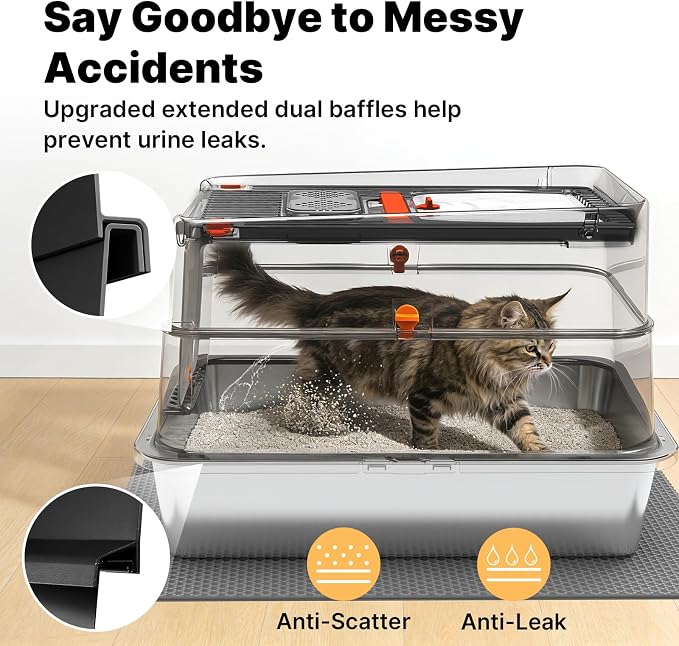 Stainless Steel Litter Box with Flip Lid, XL Extra Large Cat Litter Box with High Sided Top Entry Design, Anti-Leakage Enclosed Metal Litterbox for Big Cats, with Handle, Mat, Pedal & Scoop, Black