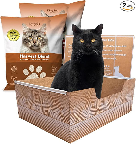 Kitty Poo Club Disposable Cat Litter Box 2-Pack with 2 Bags Harvest Blend Corn & Wheat Clumping Litter, Plant-Based, Patented Leak-Proof Design, Low Dust & Soft on Paws, Travel & Multi-Cat