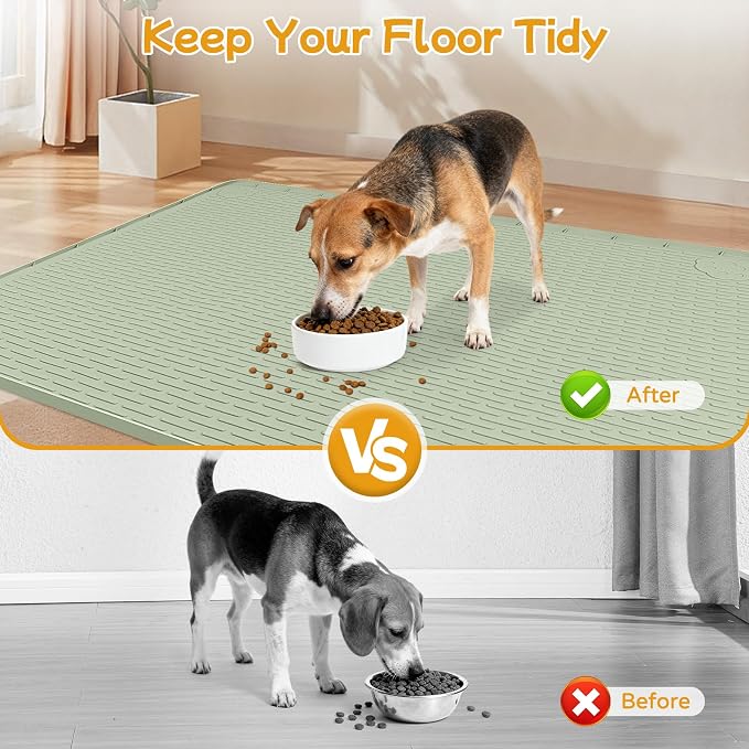 Dog Food Mat, 40" x 28" Large Silicone Mat Dog Feeding Mat with Raised Edge Non-Slip Pet Feeding Mat for Food and Water Bowl, Easy to Clean, Floor Protection (Green)