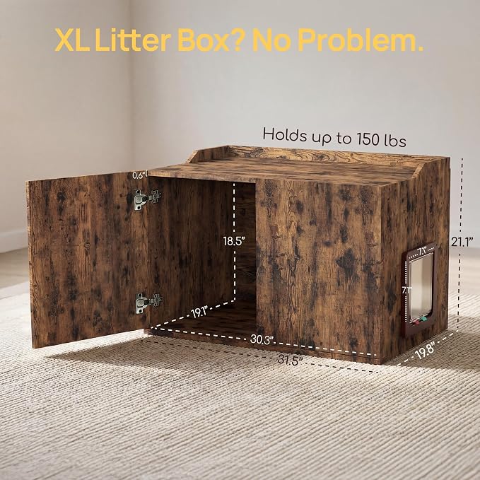 Cat Litter Box Enclosure Furniture with Cat Door, Extra Large Hidden Litter Box Cabinet for XL Boxes, 31.5" L x 19.8" W x 21.1" H, Wooden Cat Box Furniture Odor Control, Brown