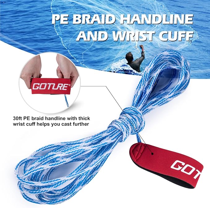 Goture American Fishing Cast Net,Casting Nets Freshwater Saltwater for Bait Fish Shrimp Trap 3ft/4ft/6ft/7ft/8ft/10ft/12ft Radius 1/4 3/8inch Mesh Size,Throw Fishing Castnet with Needle Shuttle