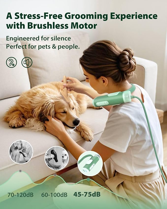 L&W BROS Hands-Free Dog Dryer – Neck Hanging Pet Hair Dryer for Grooming, 110,000 RPM Powerful Airflow, Low Noise, Overheat Protection, Adjustable Heat & Speed for Small & Medium Dogs & Cats (Green)