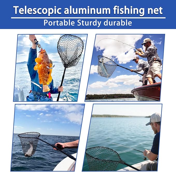 Telescoping Rubber Fishing Net with Handle 64"/46“ Long Silicone Large Fish Landing Net Kayak/Fishpond/Saltwater Extendable Fishing Gear Accessories
