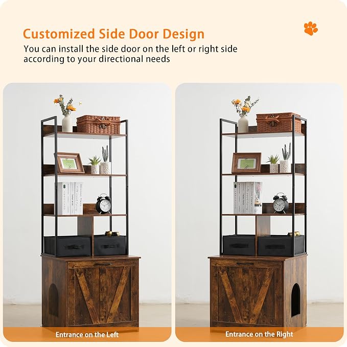 Dwanton Litter Box Enclosure with 3 Storage Shelves and 2 Drawers, 2-in-1 Hidden Cat Litter Box Enclosure Furniture with Shelf, Reversible Entrance, Washable Drawers, 61.8-Inch, Rustic Brown