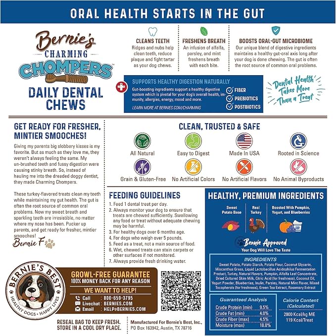 Bernie's Charming Chompers - Daily Dental Chews for Dogs 51-100 Lbs. - 12 Count - Cleans Teeth, Freshens Breath, + Boosts Oral-Gut Microbiome. Easy to Digest, Supports Healthy Digestion Naturally