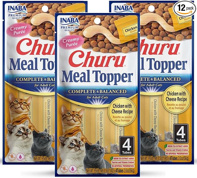 INABA Churu Meal Topper for Cats, Complete & Balanced, Creamy, Lickable Purée Cat Food Topper, 0.5 Ounce Tube, 12 Tubes (4 per Pack), Chicken with Cheese Recipe