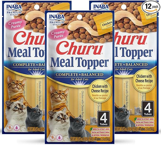 INABA Churu Meal Topper for Cats, Complete & Balanced, Creamy, Lickable Purée Cat Food Topper, 0.5 Ounce Tube, 12 Tubes (4 per Pack), Chicken with Cheese Recipe