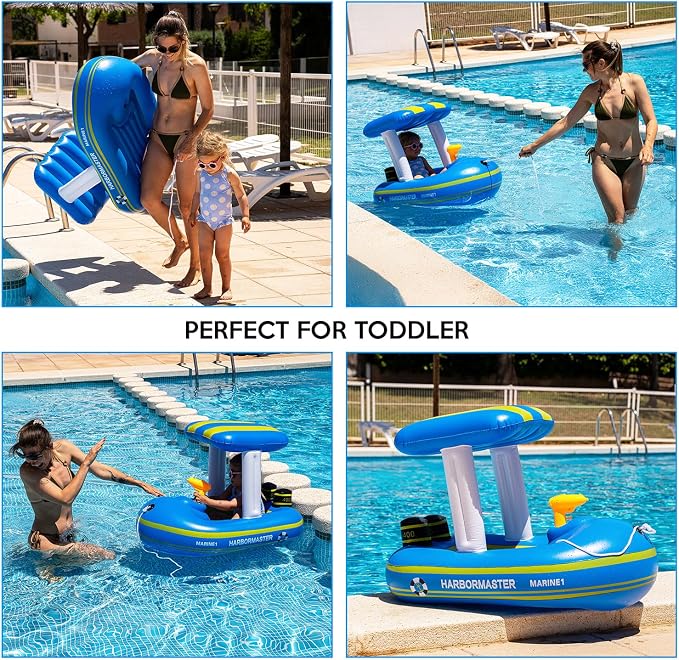 Police Boat Inflatable Pool Floats Kids, Toddler Harbor Master Police Patrol Inflatable Boat Pool Float Ride On, Fun Water Toy Squirter Pool Toy, Police & Fire Rescue Theme Pool Raft for Boys, Girl