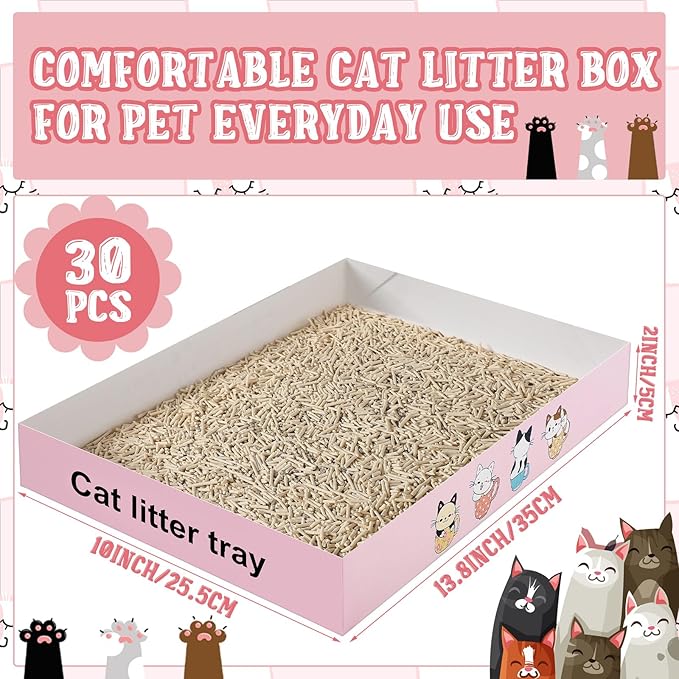 Roshtia 30 Pcs Disposable Cat Litter Box Foldable Paper Kitty Tray 13.8 x 10 x 2 Inch Portable Kitten Pan Low Entry Lightweight Cardboard(Cat Litter Tray,Pink)