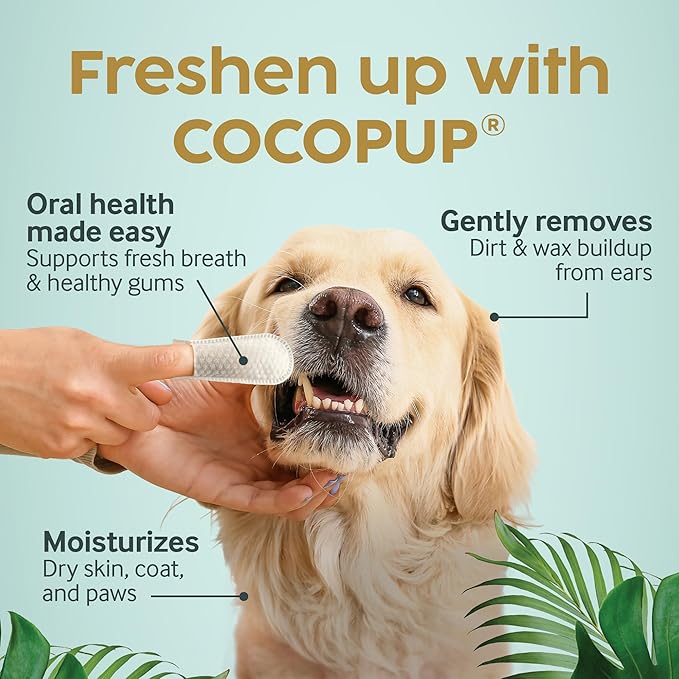 Cocopup Dog Teeth Cleaning Wipes | Pet Dental Finger Wipes | Dogs and Cats Tooth Cleaning Pads Plaque Remover Ear Nose Paws Fur Cleaners | Contains Coconut Oil | 1 Pack of 50