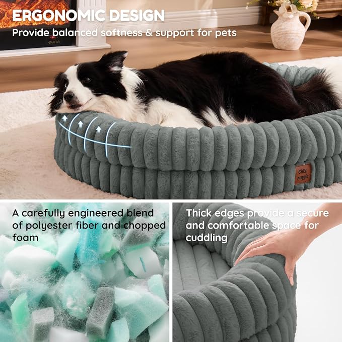 ChiXnuggle Orthopedic Dog Bed for XL Dogs, Waterproof Faux Rabbit Fur Dog Couch with Egg Crate Foam Support and Washable Removable Cover, Bolster Pet Sofa with Non-Slip Bottom, 41x30x7, Grey