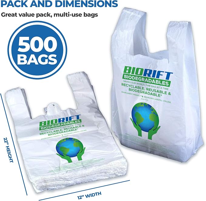 BioRift T Shirt Grocery Bags - 100% Biodegradable & Eco Friendly – Reusable Supermarket Small Trash Bags - Extra Strong Thank You Plastic Shopping Handles - Recyclable For Dog & Cat Poop (500 Count)