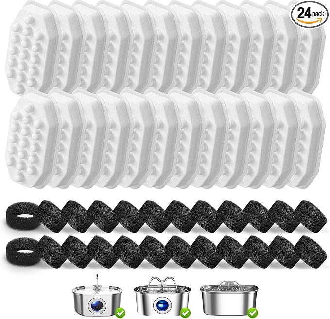 48 Pack Cat Water Fountain Replacement Filters & Pre-Filter Sponges, Includes 24 Filters & 24 Sponges for 108oz/3.2L Stainless Steel Pet Fountains – Compatible with Rellaty & Neareal