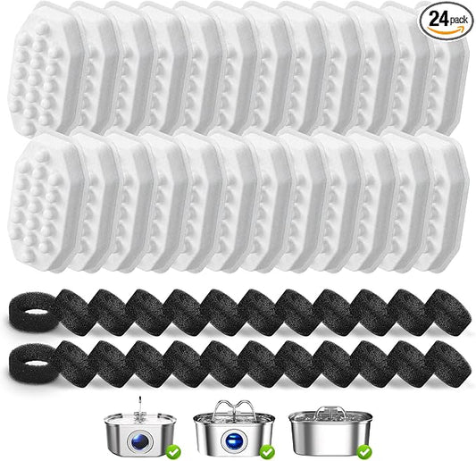 48 Pack Cat Water Fountain Replacement Filters & Pre-Filter Sponges, Includes 24 Filters & 24 Sponges for 108oz/3.2L Stainless Steel Pet Fountains – Compatible with Rellaty & Neareal