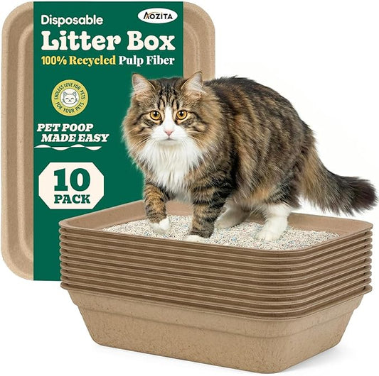 10 Count - Disposable Litter Box for Kitty Cats, Thick & Leak-Proof, Eco-Friendly Travel & Home Litter Pan, No-Scrub for Cats