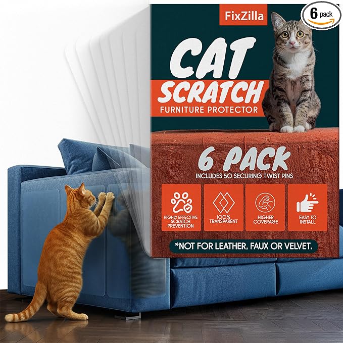 FixZilla Anti Cat Scratch Furniture Protector, 6-Pack Couch Protector from Cat Claws – Heavy-Duty, Easy-to-Apply Scratching Deterrent and Shield for Sofa Corners, Walls, and Doors- with 52 Twist Pins