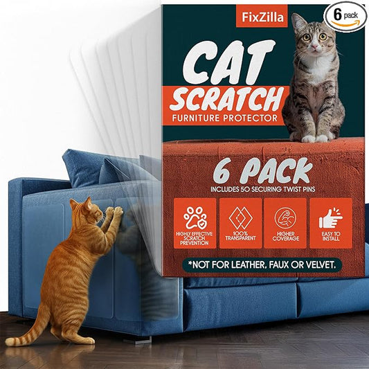 FixZilla Anti Cat Scratch Furniture Protector, 6-Pack Couch Protector from Cat Claws – Heavy-Duty, Easy-to-Apply Scratching Deterrent and Shield for Sofa Corners, Walls, and Doors- with 52 Twist Pins