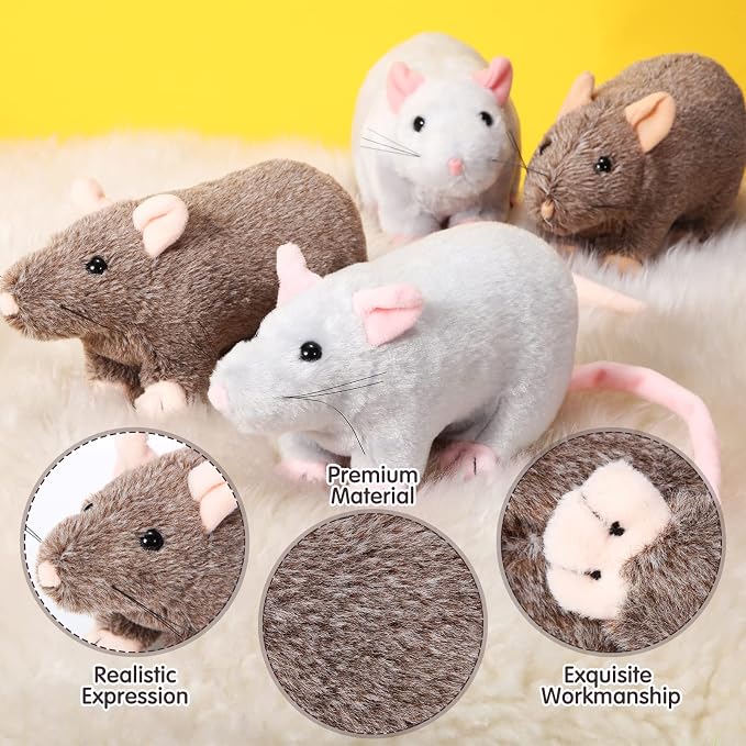 Honoson 8 Pcs Rat Stuffed Animal Mouse Plush Toy 7 Inch Fake Rat Small Stuffed Mice Bulk Cuddly Realistic Plushies for Birthday Christmas Surprise Gifts(Grey, Brown,Classic)