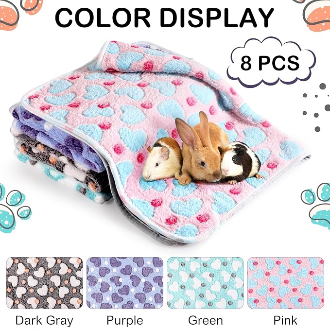 Tudomro 8 Pcs Absorbent Guinea Pig Blankets Washable Small Animal Fleece Bedding Cage Liners Reusable Pet Sleep Mat Pad Cover for Ferret Chinchilla Furniture Protection(Heart,16 x 24 Inch)