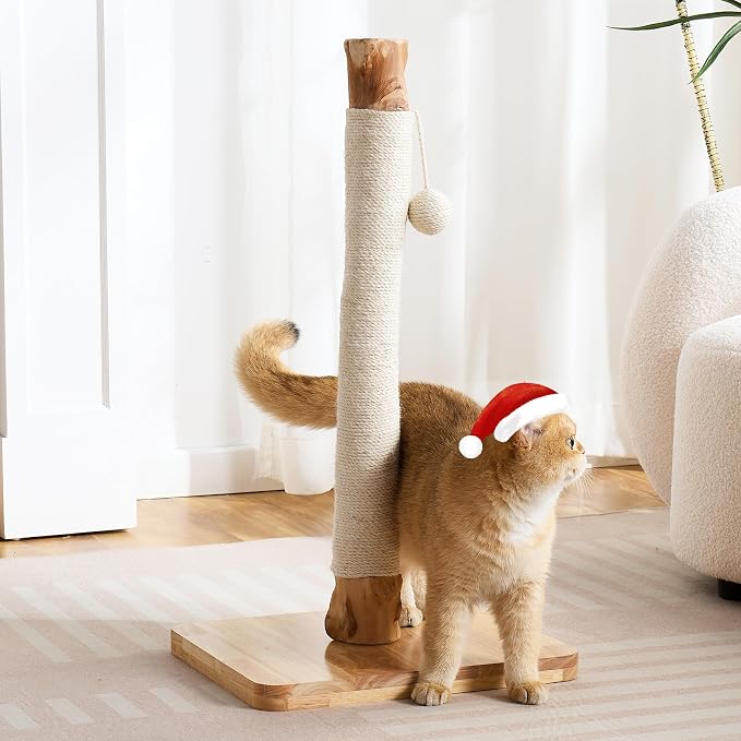 29" Tall Solid Wood Cat Scratching Post for Indoor Cats, Extra Stable Heavy Base, Natural Sisal Scratcher with Hanging Ball, Furniture Protector for Kittens & Adult Cats, White