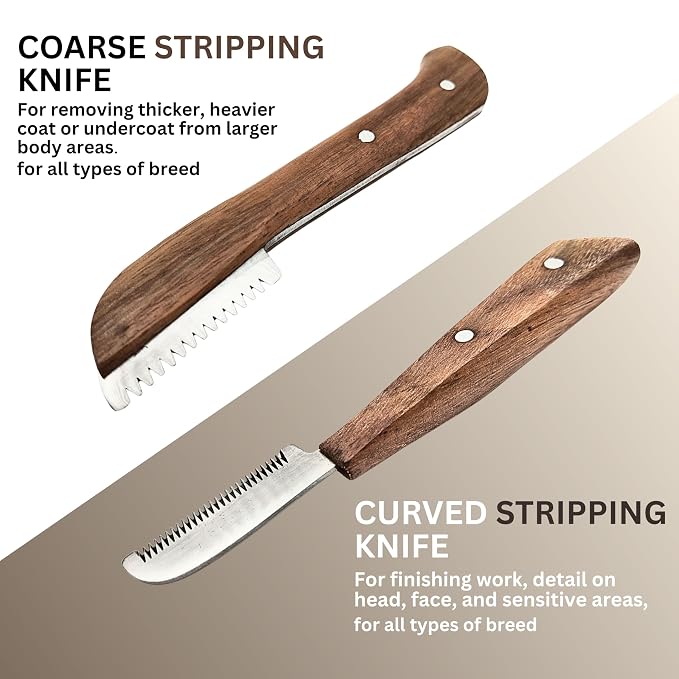 Professional Stripping Knife Kit for Dogs & Pets – 6 Piece Grooming Set with Wooden Handle – Pet Grooming Tools for Hand Stripping & Deshedding