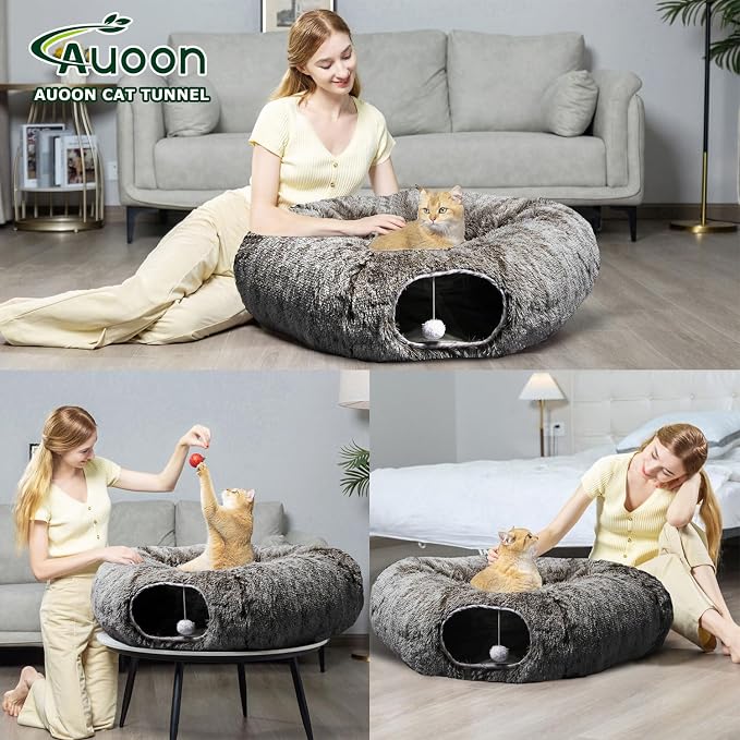 AUOON Cat Tunnel Bed for Indoor Cats - Large Cat Donut Tunnel with Hanging Ball Toy, Collapsible 2-in-1 Multifunctional Interactive Cat Toy for Kitten, Puppy, Rabbit, Ferret (Brown)