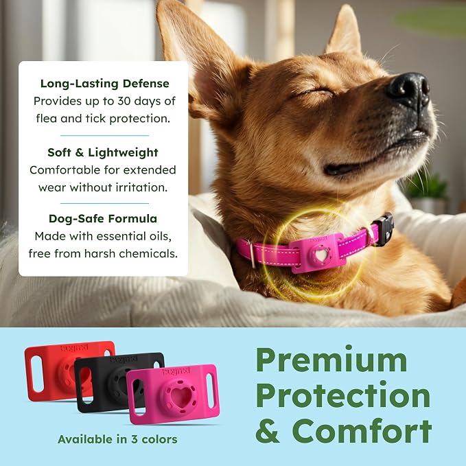 BugMD Paw Guardian Flea and Tick Prevention Pendant for Dogs with AirTag Holder, Plant-Powered Flea and Tick Control for Collars and Harnesses, (15.14 Grams) Pink