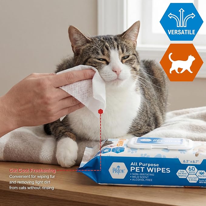 MED PRIDE Hypoallergenic Cat Wipes for Bathing and Cleaning with Aloe Vera Alcohol and Paraben-Free Extra Soft Cat Cleaning Wipes for Fur (12 Packs of 60)