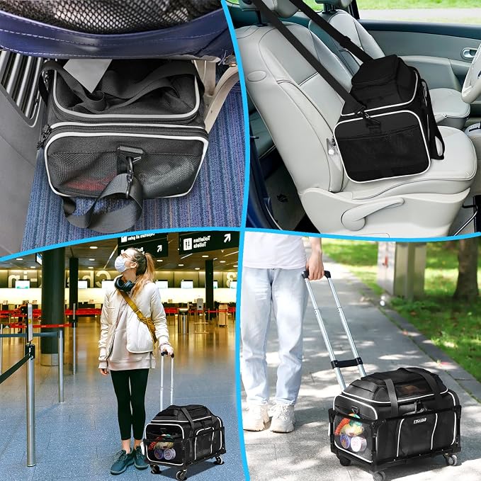 Petskd Top-Expandable Small Pet Carrier with Wheels(18" L x 11" W x 11" H), Delta/American/United Airlines Approved, Rolling Pet Carrier for Small Dogs & Cats (Black)