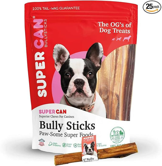 Bully Sticks for Large Dogs and Feroucious Chewers All Natural Dog Chews, Free Range Grass Fed Beef Sticks Treats. (6" Junior (25-Pack))