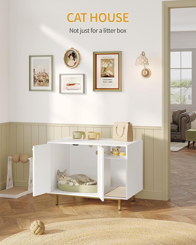 Hzuaneri Cat Litter Box Enclosure,Hidden Litter Box Furniture with Storage, Large Wooden Cabinet with Sisal Mat, Modern Cat Washroom for Living Room, Bedroom, Entryway, White and Gold 01503GCLB