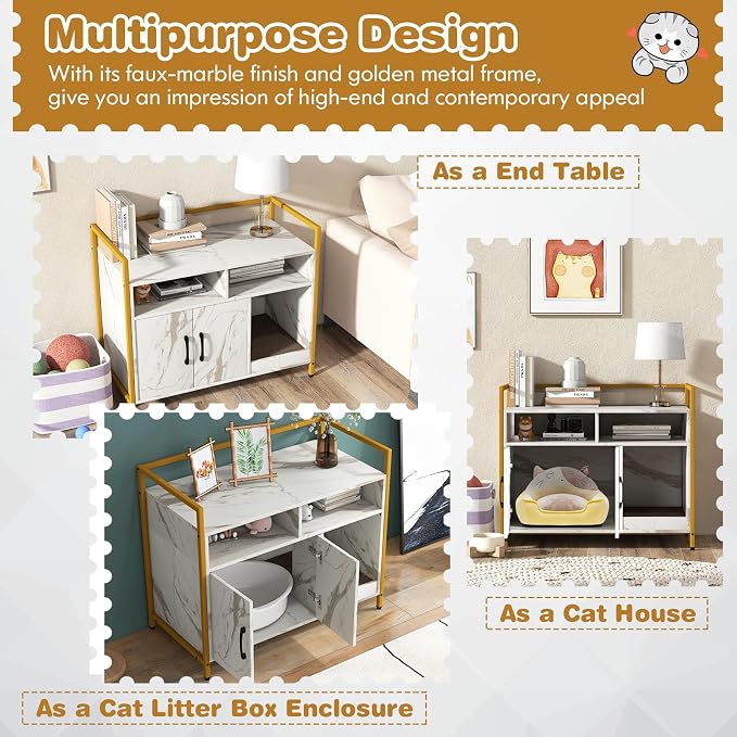 Tangkula Litter Box Enclosure, Modern Cat Litter Box Furniture with Metal Frame, Scratching Board, Storage Compartment, Hidden Cat Washroom (Marble White)