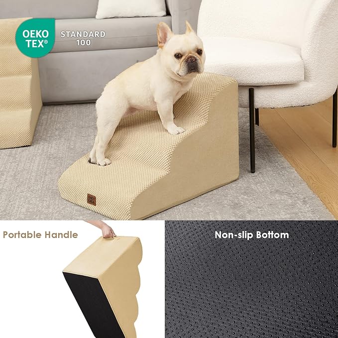 EHEYCIGA Curved Dog Stairs Ramp for Small Dogs 15.7" H, 3-Step Dog Steps for Couch Sofa and Chair, Pet Stairs for Cats, Non-Slip Balanced Pet Steps Indoor, Graige