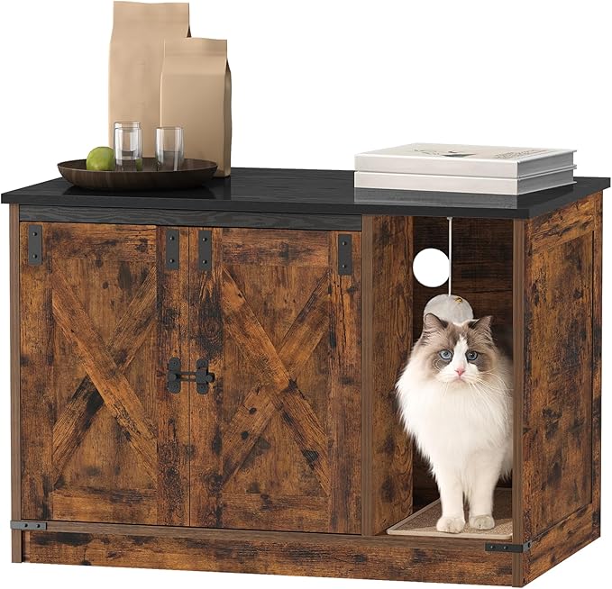Hzuaneri Cat Litter Box Enclosure, Hidden Litter Box Cabinet Furniture with Bell, Indoor Cats House, Farmhouse Style, 31.5 x 19.7 x 20.9Inches, for Hallway, Bedroom, Rustic Brown and Black CB82401X