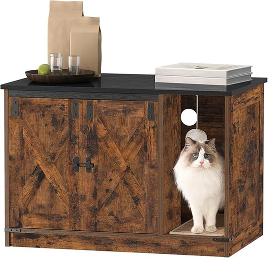 Hzuaneri Cat Litter Box Enclosure, Hidden Litter Box Cabinet Furniture with Bell, Indoor Cats House, Farmhouse Style, 31.5 x 19.7 x 20.9Inches, for Hallway, Bedroom, Rustic Brown and Black CB82401X