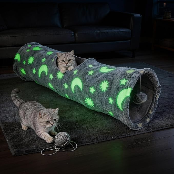 PAWISE Cat Tunnel for Indoor Cats, Glow in Dark Cat Tunnels with Pop-Up, 3-Way Collapsible Cat Play Tunnel Toy for Cats Kittens Rabbits, with Hanging Ball & Bell