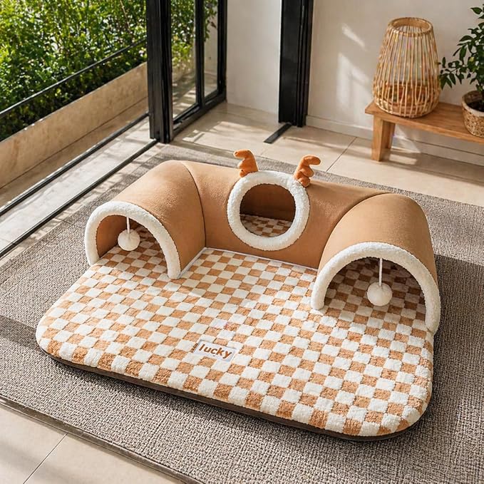 Cat Tunnel Bed for Indoor Cats, Removable Cute Cat Tunnel for Small Large Cats with Plush Balls Toys, Peekaboo Pet Cave Play Tunnel for Kitten, Puppy, Rabbit(Brown,X-Large)