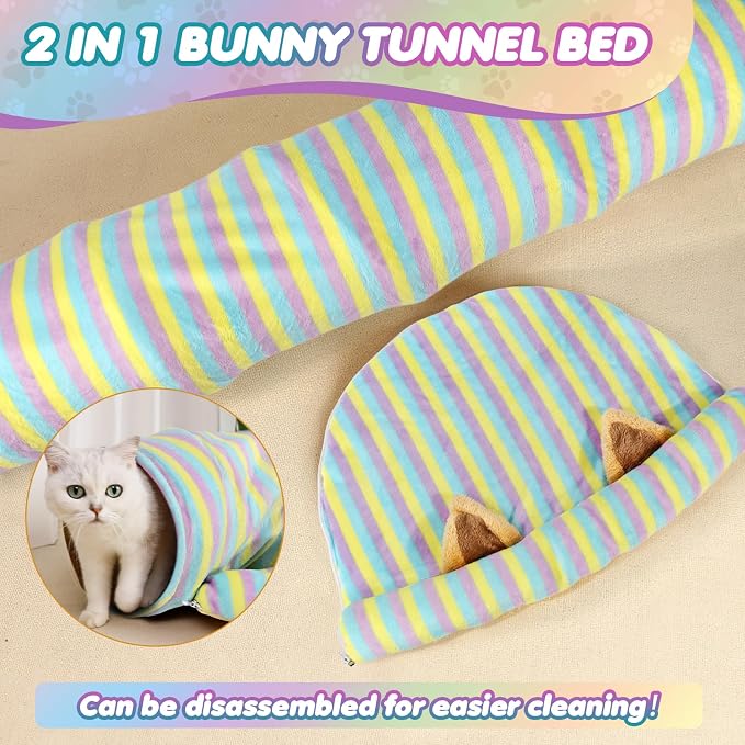 Spardar Bunny Tunnel Bed, 2-in-1 Collapsible Tunnel Tubes Toys, Washable, with Removable Mat Hideout, Interactive Toys for Rabbits Chinchilla Hedgehog Guinea Pigs Kitty, Stripe