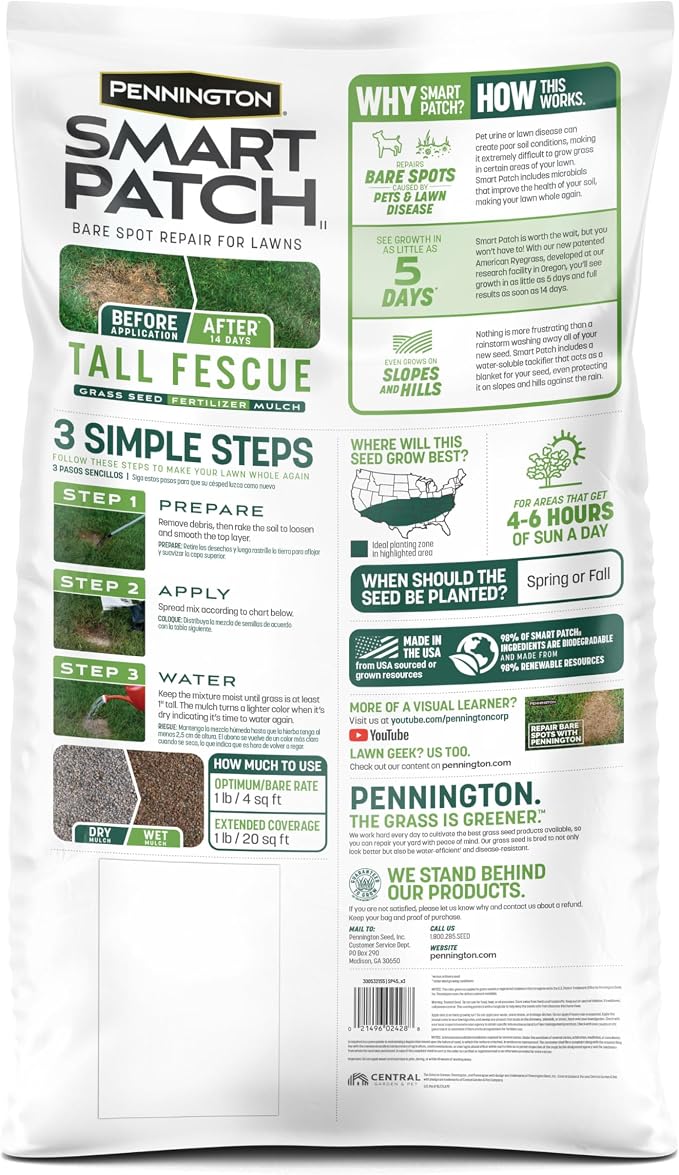 Pennington Smart Patch Tall Fescue Grass Seed, 30 Lb, Bare Spot Repair with Mulch and Fertilizer