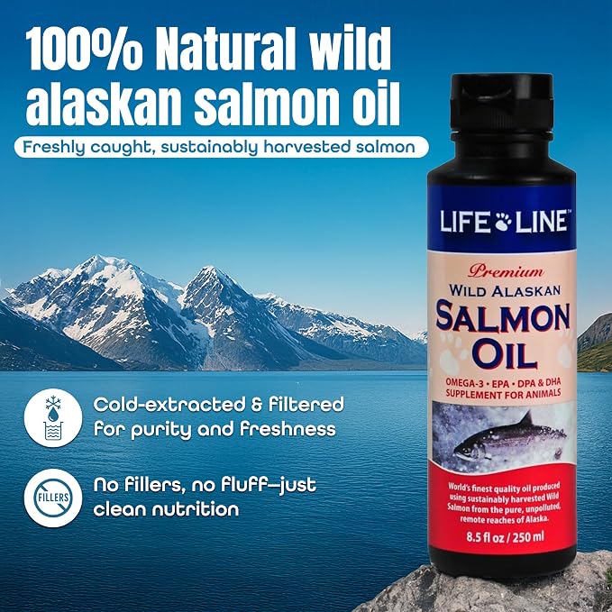 Life Line Wild Alaskan Salmon Oil for Dogs & Cats | Omega-3 Fish Oil with DHA & EPA | Skin & Coat Support | Brain, Heart & Eye Health – 8.5 oz