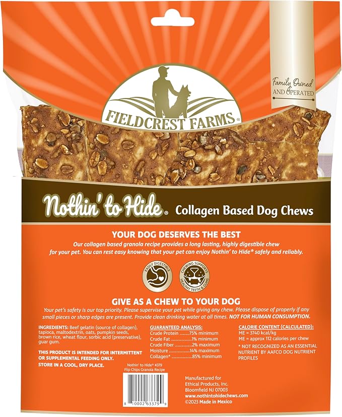 Fieldcrest Farms Nothin to Hide Flip Chips Dog Chews - Natural Rawhide Alternative Treats for Dogs, Collagen Based Snack for Moderate Chewers Up to 35lbs, Granola Flavor