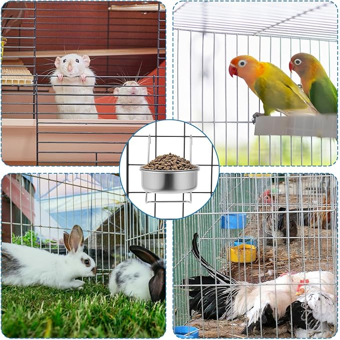 8 Pcs Stainless Steel Hanging Pet Bowl, 10 oz Kennel Food and Water Dish Feeder Coop Cup with Hook for Dog Crate, Cat, Rabbit Birds Chicken Cage No Spill