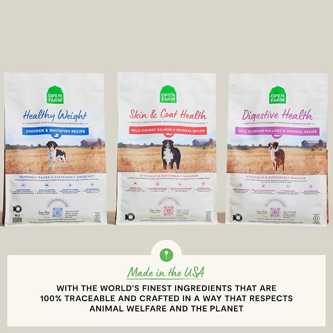 Open Farm, Skin & Coat Health Dog Food, Veterinarian Formulated Kibble with Salmon Oil and Vitamin E to Support Healthy Skin & A Shiny Coat, Wild-Caught Salmon & Oatmeal Recipe, 4lb Bag