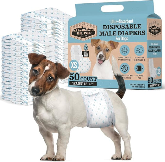 Dr Pol Dog Diapers for Male Dogs | Disposable Pet Diapers with Wetness Indicators | Adjustable Fit | Leak Protection & Super Absorbent | Perfect for Heat Cycles & Training Accidents | Pack of 50