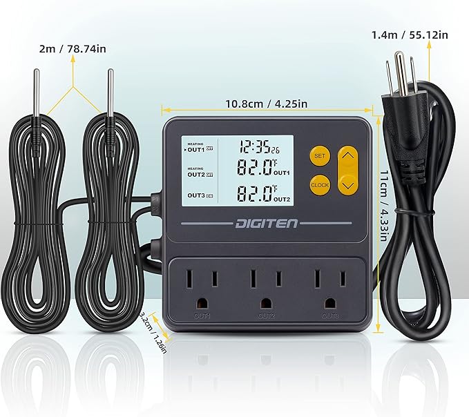 DIGITEN Day-Night Reptile Temperature Controller with Timer | 3-Stage Thermostat Outlet, Cooling & Heating Mode for Terrarium, Ball Python, Bearded Dragon, Heat Mat,Mushroom, Fermentation