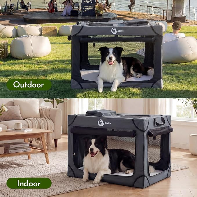 Portable Collapsible Dog Crate for Medium Dogs, 4 Mesh Doors & 2 Storage Bags, Indoor Outdoor Travel Dog Kennel, BlackGrey, 30" x 21" x 21"