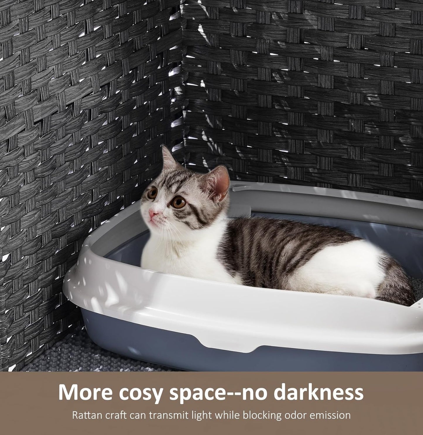 Cat Litter Box Enclosure with Soft Litter Mat; Hidden Kitten Washroom Furniture with Door; Handwoven Rattan Cat House; Pet Crate for Living Room, Bedroom, Balcony (Grey)